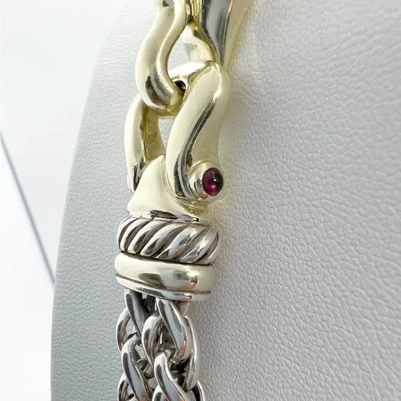 David Yurman Gold Buckle Double Wheat Chain Necklace With Rhodolite Garnet - Picture 5 of 14
